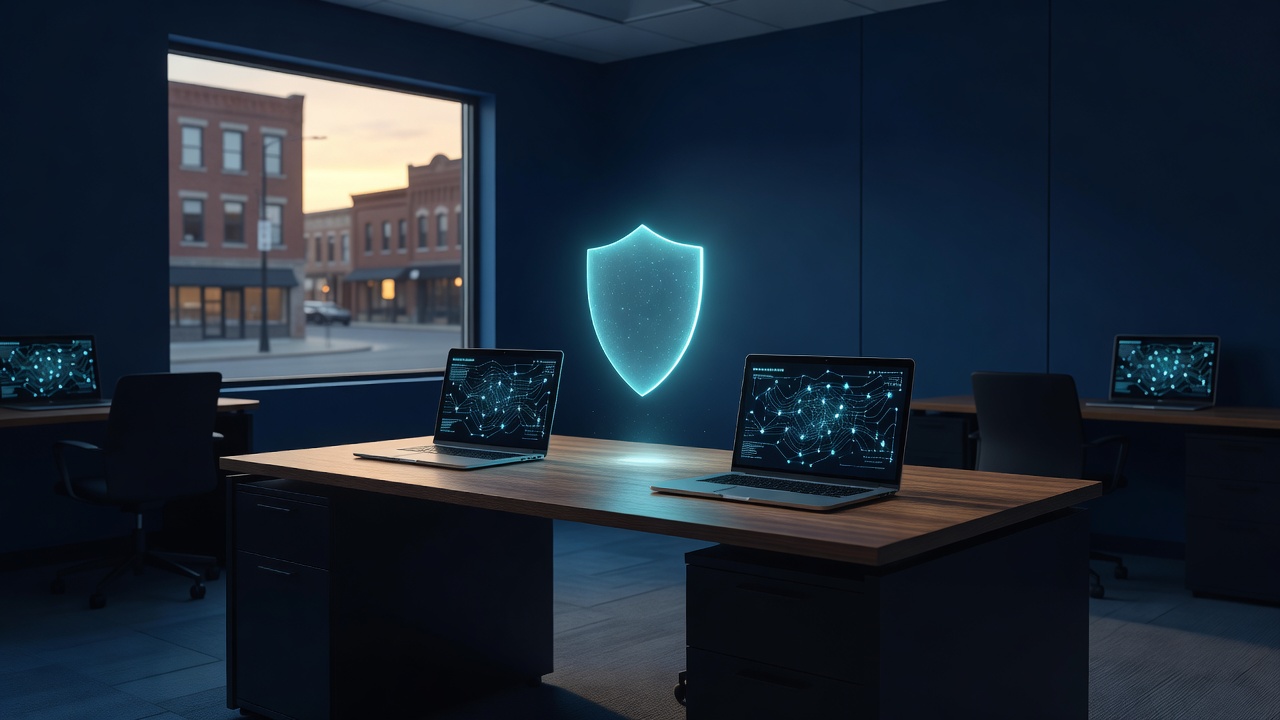 Empty Midwest IT office with a glowing cyan shield — Midwest IT Shield
