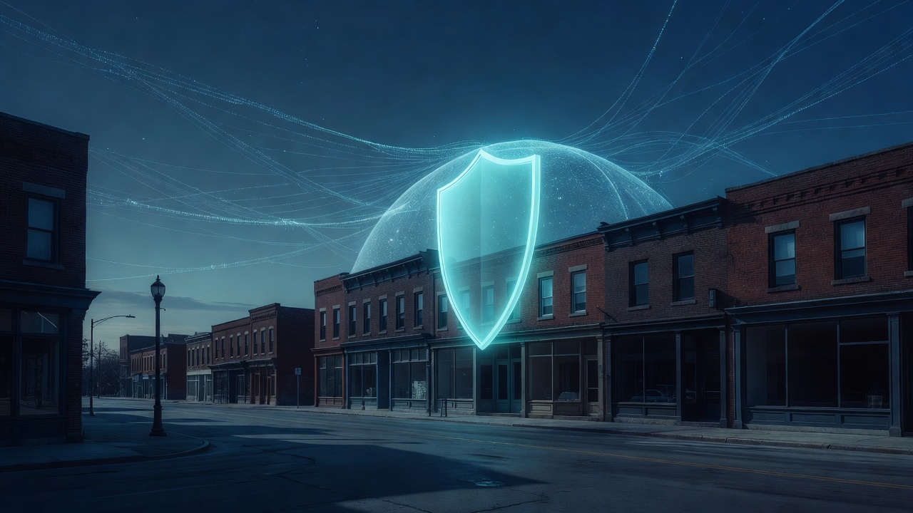 Empty Midwest IT office with a glowing cyan shield — Midwest IT Shield