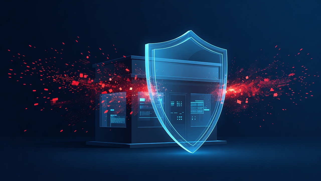 Digital shield deflecting cyber threats over a small business