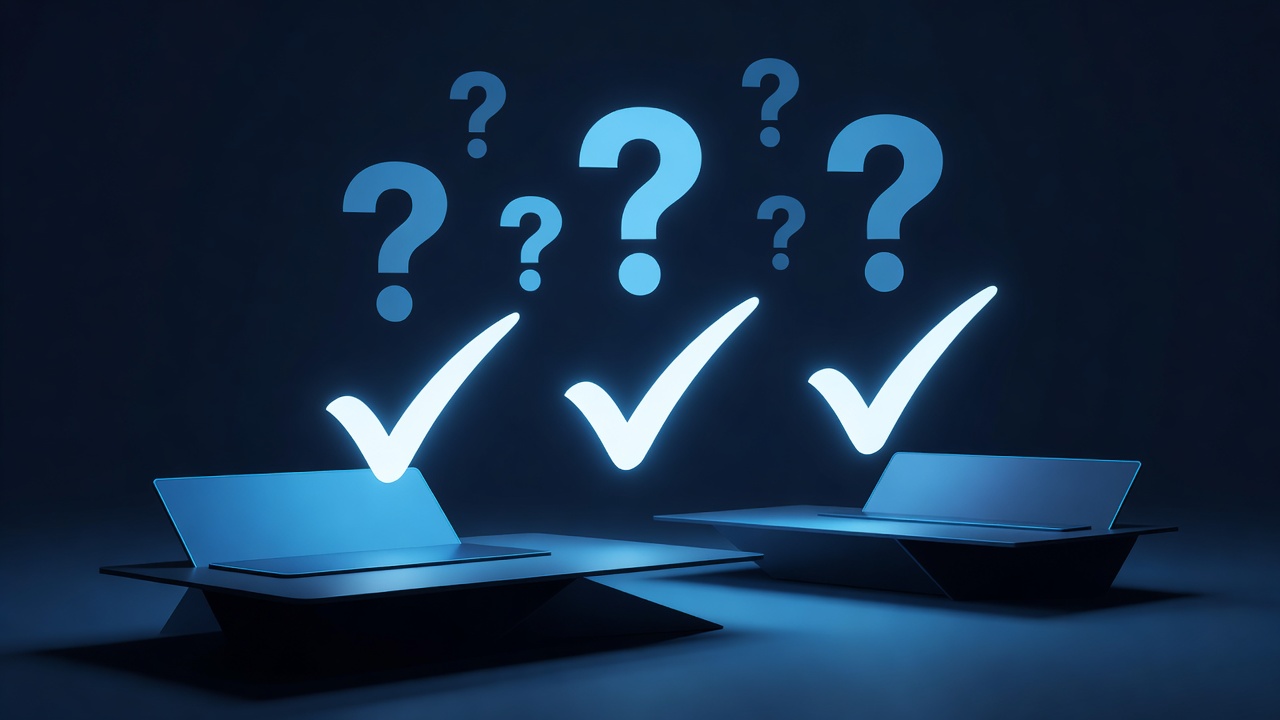 Question marks resolving into check marks, help desk theme