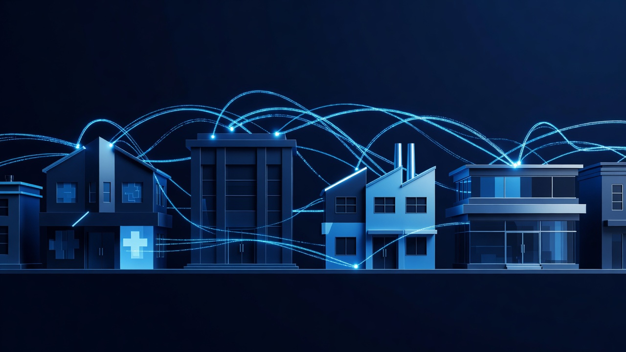 Small-town businesses connected by glowing data threads