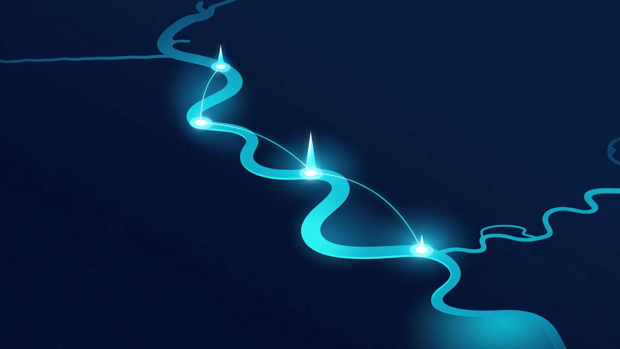 Stylized map of the Tri-State river region with three town beacons