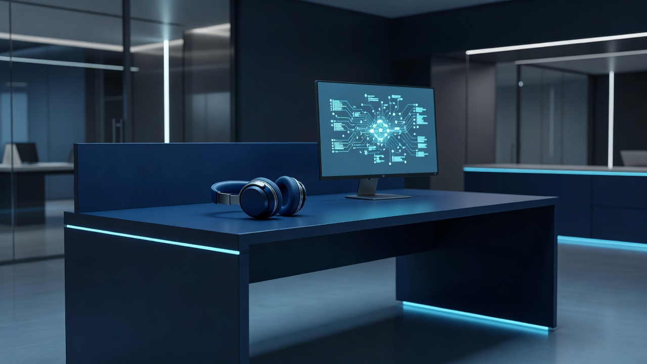 Empty help desk station with headset and network monitor